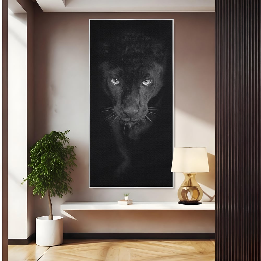 Tablou canvas cu tablou canvas cu pantera neagra, in rama de aluminiu argintiu